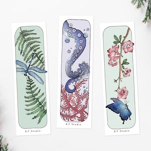 Conjunto de 3 marcadores - Aquarela - Flores e Natureza - Acessórios para livros - Ilustração colorida