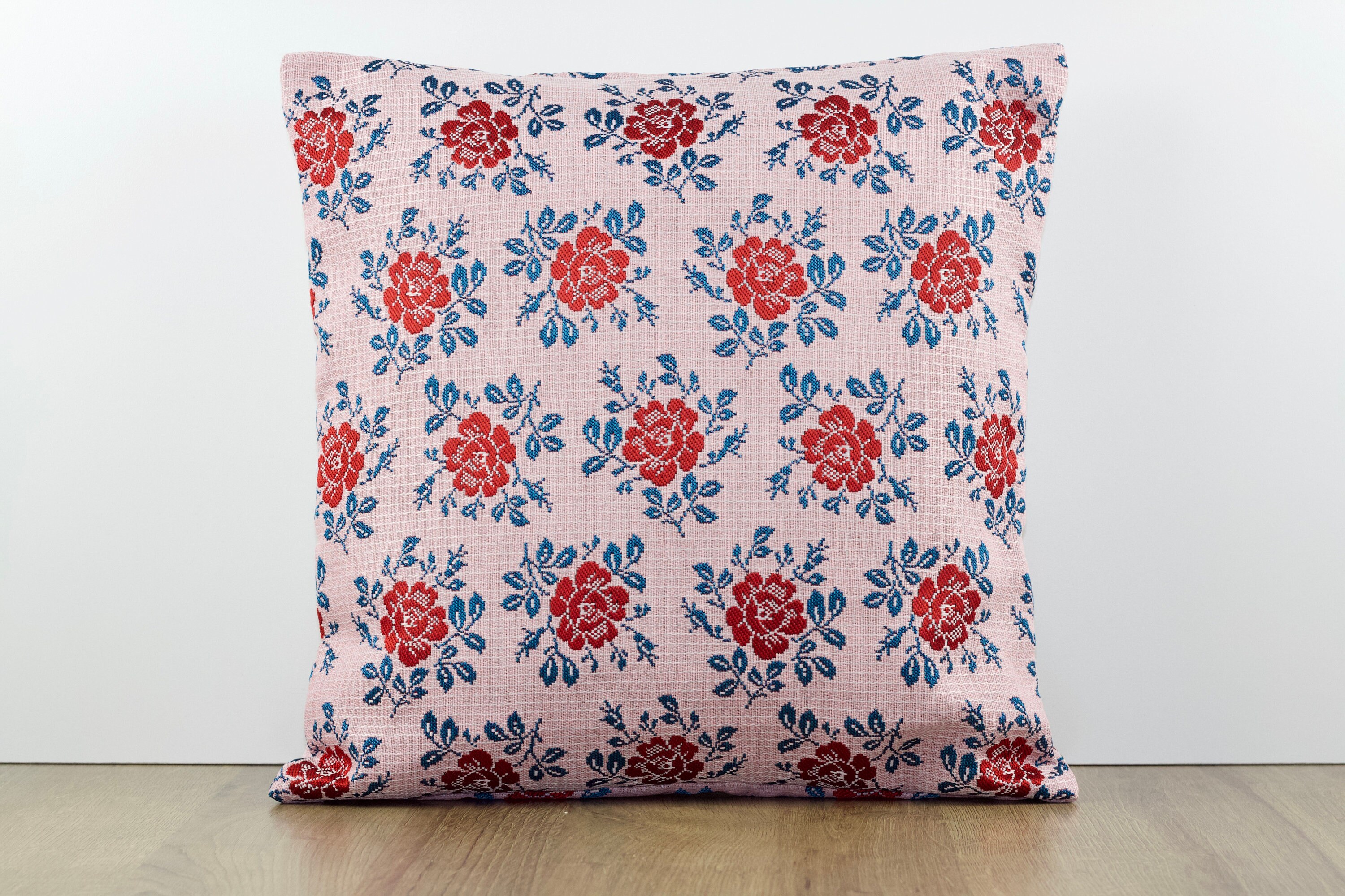 Housse de Coussin 40x40 cm Tissu Jacquard Fleurs Rose