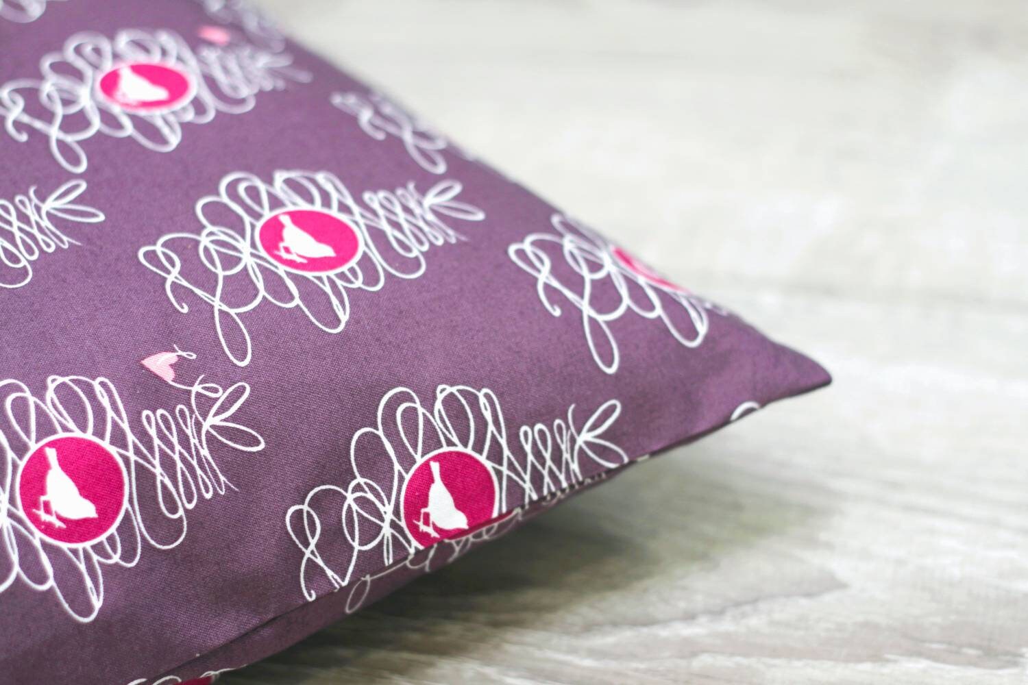 Housse de Coussin 40x40 cm Coton Oeko-Tex Prune/Rose Oiseaux