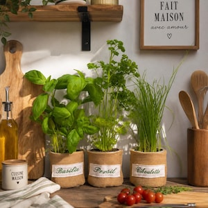 Cache-pot en toile de jute et lin brodé pour plante aromatique basilic/persil/ciboulette 10 cm