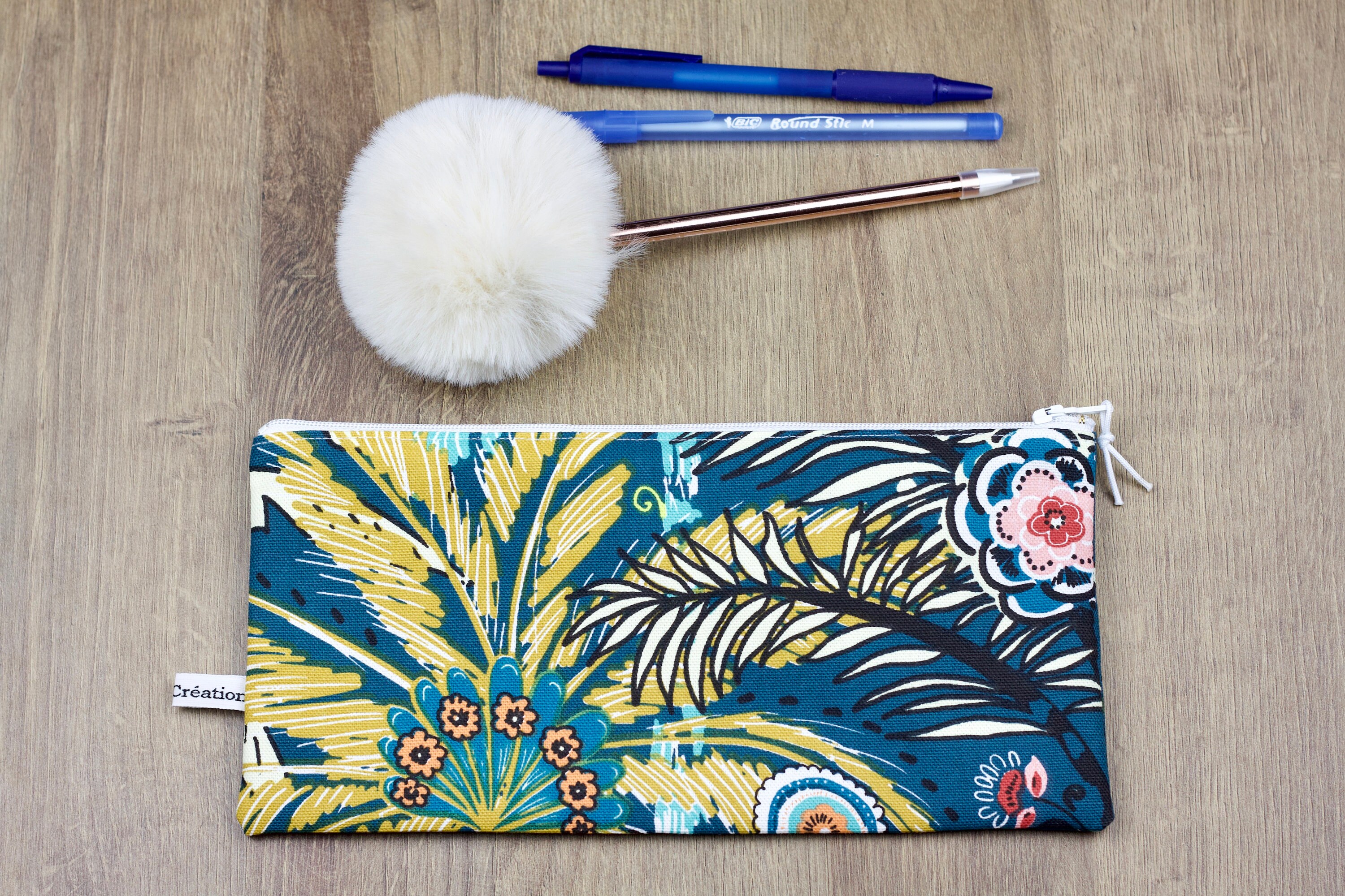 Trousse Plate d'école en Toile de Coton Oeko-Tex Vert Paon Desi Motif Tropical