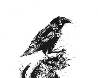Cat and Crow  - original Linocut