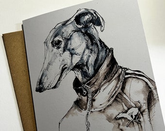Greyhound in a tracksuit. Greetings card. Made using my original ink illustration.