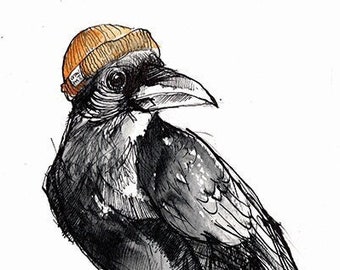 Crow in an orange beanie. Greetings card. Made using my original ink illustration.