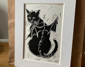 Cat Bat - original Linocut