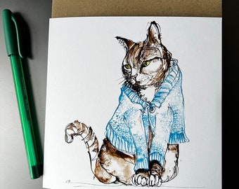A Cat In A Cardigan. Made from my original illustration. Blank art card.