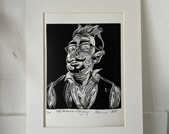 Self portrait as a drag king - original limited edition linocut in black