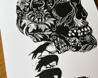 Skull with sunflowers. Made as a Memento Vivere “remember to live. Made using my original Linocut.