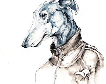 Galgo con chándal - Lámina artística tamaño A4 realizada a partir de un boceto original.