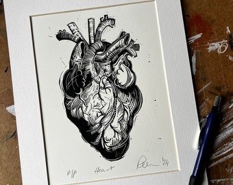 Heart - anatomical heart - linocut print in black