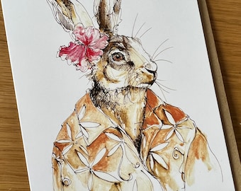 Hawaiian Hare Made using my original ink illustration. Blank art card.