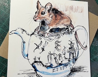 Mouse on a willow pattern teapot. Made from my original illustration. Blank art card.