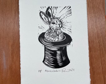 Abracadabra Rabbit in a hat  - original Linocut