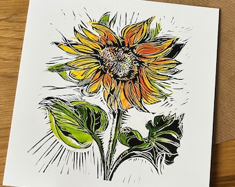 Sunflower linocut. Made from my original hand coloured linocut print. Blank art card.