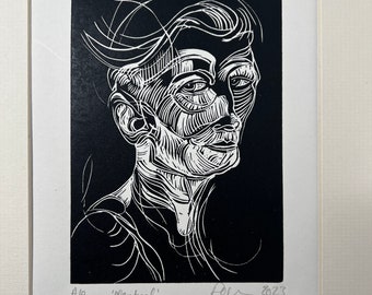 Neutral - profile  linocut print in black