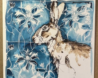 Hare with Bluebell background. Made from my original illustration. Blank art card.