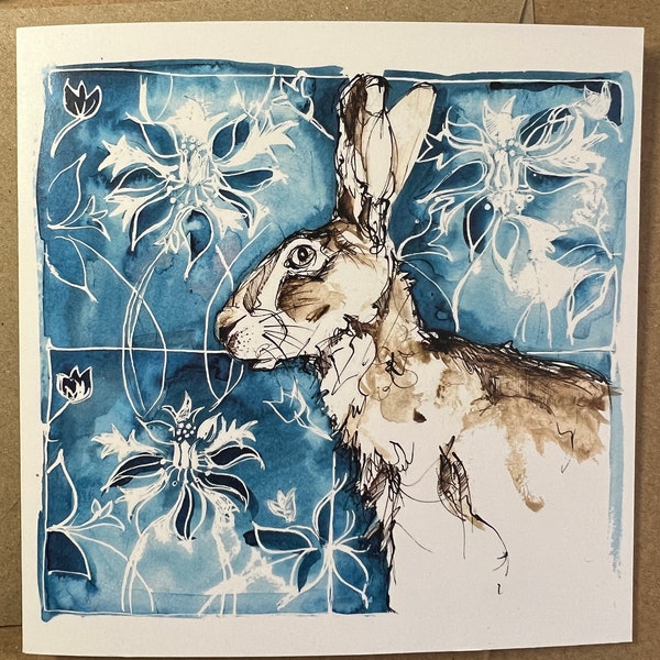 Hare with Bluebell background. Made from my original illustration. Blank art card.