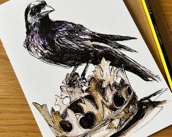Crow on a crown. Made using my original drawing. Blank art card.
