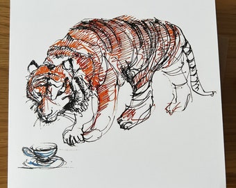 The tiger who came for a cup of tea. Made from my original illustration. Blank art card.