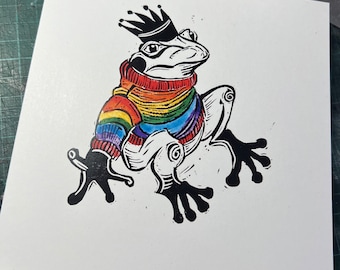 Frog in a Rainbow Jumper. Made from my original linocut print. Blank art card.