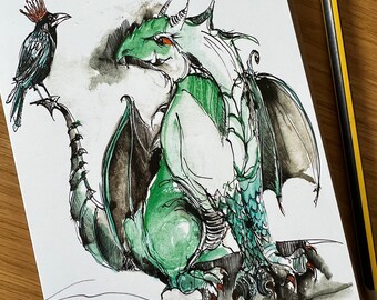 Dragon with a royal crow. Made using my original ink illustration. Blank art card.