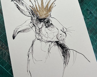 Hare in a golden crown Made using my original ink illustration. Blank art card.