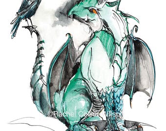 Crow and Dragon -  A4 Art Print made from original sketch