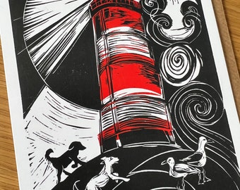 To the Lighthouse, Blank art greetings card, linocut, original artwork, lighthouse, illustration.