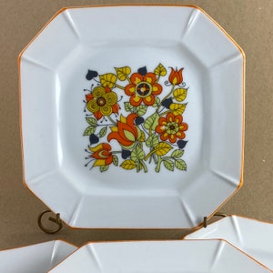 Mod Orange Yellow Floral Salad Plates - Set of 4