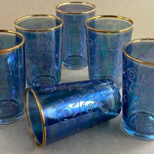Set Blue Iridescent Embossed Glass, Blue Juice Glass, Vintage Embossed Iridescent Blue Glassware Barware, Blue Barware, Optic Blue Barware