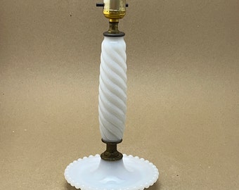 Vintage Swirled Milk Glass Hobnail Bedside Lamp: Farmhouse Accent Light