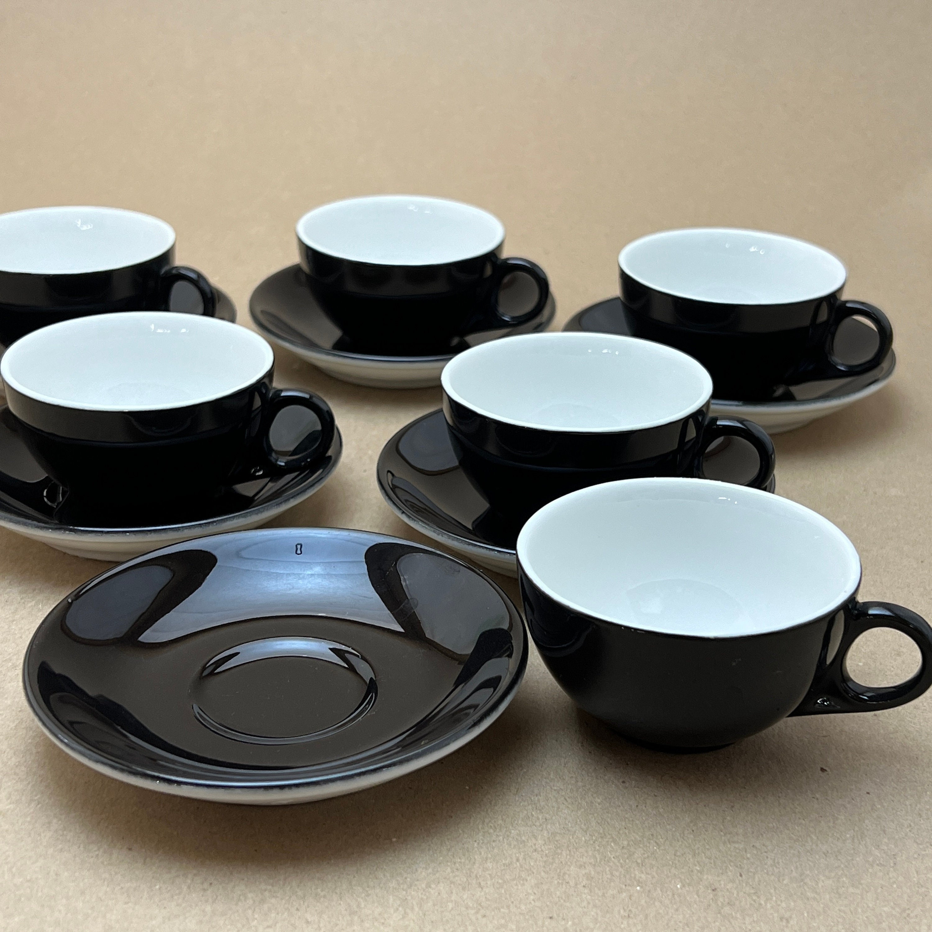 Espresso Cups With Saucers, Matte Black and White, Handmade