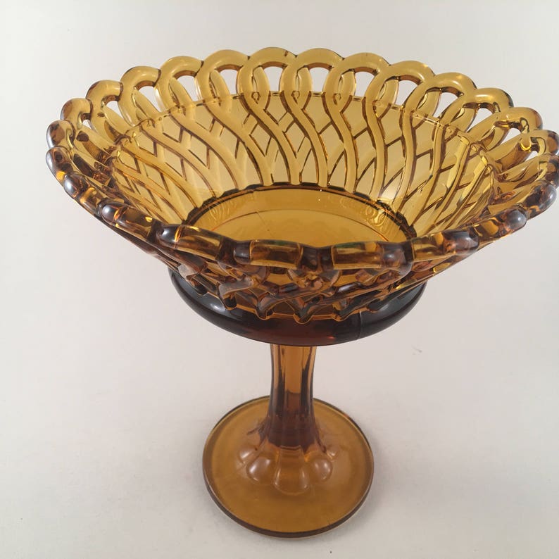 Vintage Golden Amber Glass Open Lace Edge Compote Dish Vase/ Etsy