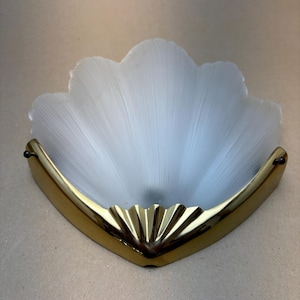 Vintage Hollywood Regency Wall Sconce: Frosted Glass Shell, Gold Metal, 1960s Art Deco