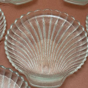 Puede incluir: Platos de vidrio transparente con forma de concha. Los platos tienen una superficie texturizada con líneas radiales y un borde festoneado. Están diseñados para parecerse a una concha. Adecuados para servir aperitivos o postres.