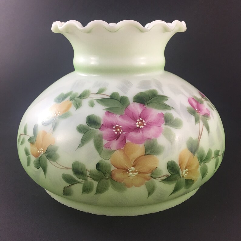 Milk Glass Hurricane Lamp Shade Hand Painted Yellow Purple Flowers On Green Ombre With