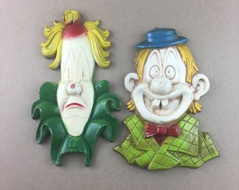 Pair of Sexton Clown Plaques Circus Carnival Wall Decor Home Decor Vintage 1970s