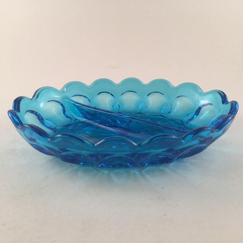 Vintage Blue Glass Sectional Bowl Candy Dish Thumbprint Relish Turquoise