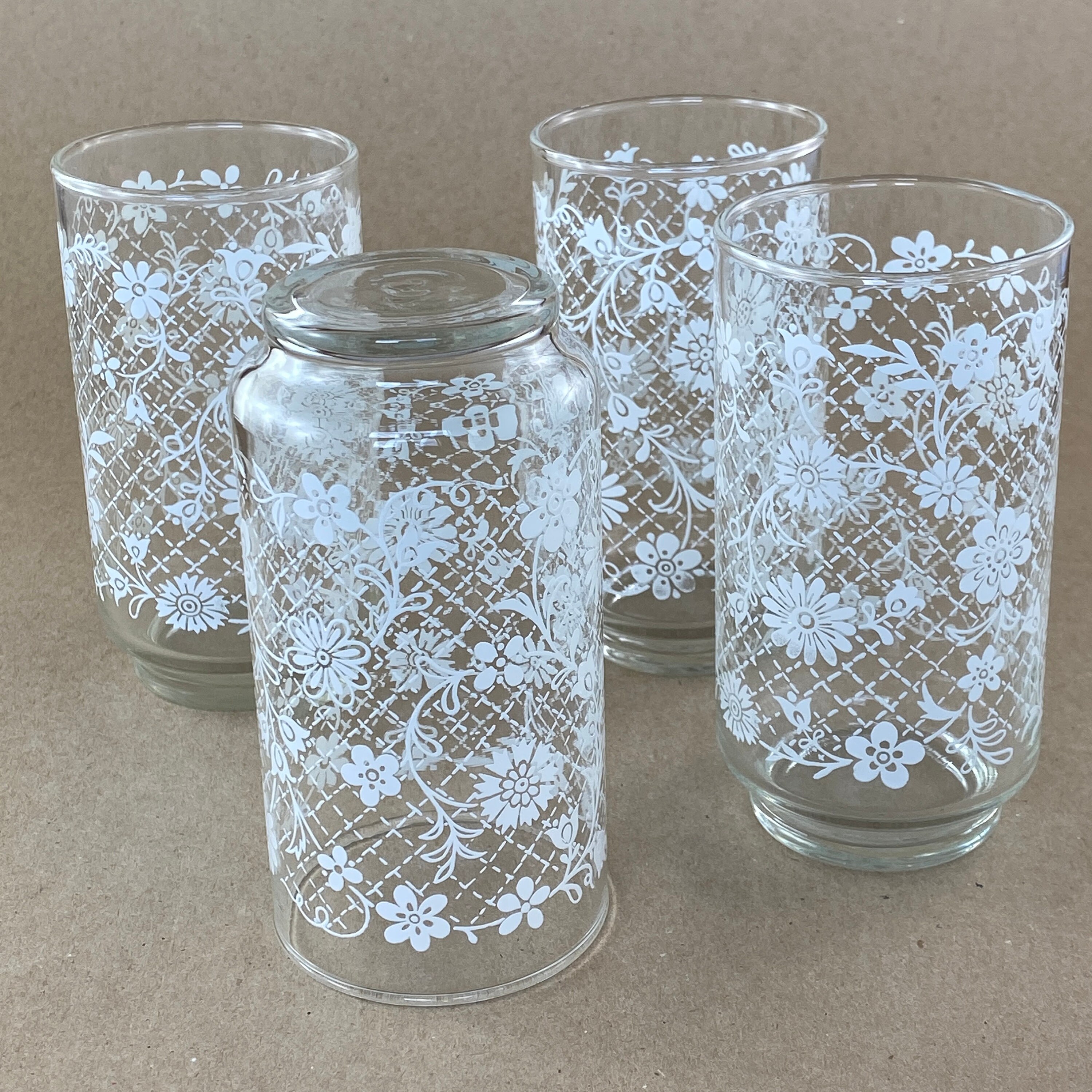 Set of 4 Vintage Libbey Glass Clear With White Flowers and Etsy