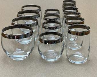 Set of Dorothy Thorpe INSPIRED Silver Band Roly Poly Glass, Vintage Dorothy Thorpe Style Whiskey Glass, Silver Band Barware