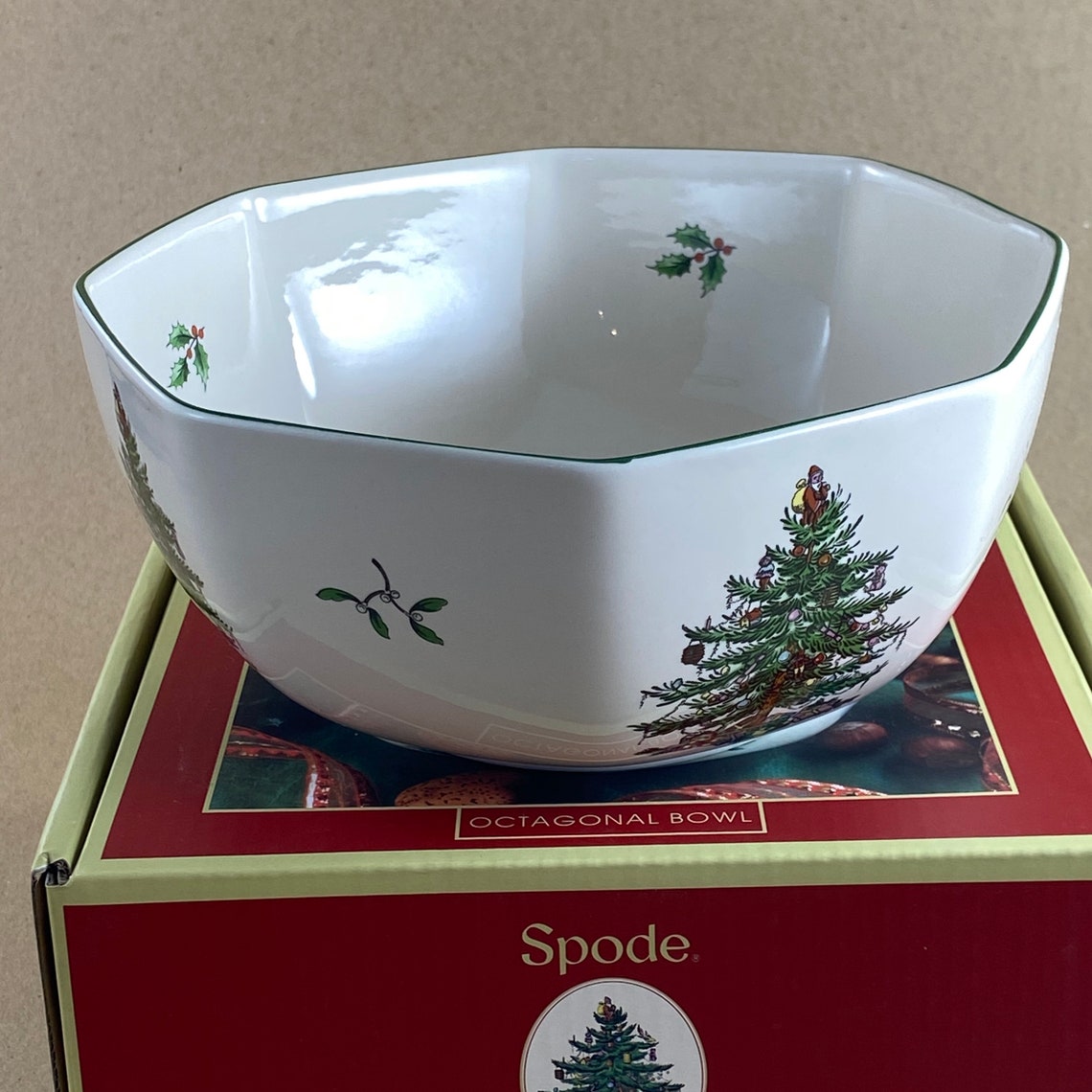 Spode Christmas Tree Octagonal Serving Bowl Green Trim Spode Etsy