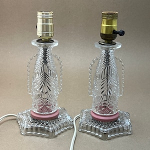 Mid Century Petite Hobnail Glass Pink Metal Accent Lamp, Shabby Chic Accent Lamp, Vintage Pressed Glass Bedroom Lamp, Glass Wing Lamp