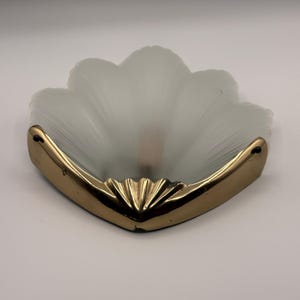 Vintage Hollywood Regency Wall Sconce: Frosted Glass Shell, Gold Metal, 1960s Art Deco