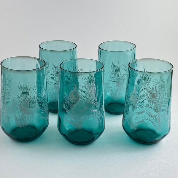 Vintage Turquoise Optic Glass Tumblers White Fern Set of 5, Optic Glassware, Turquoise, Tumbler, Water Glass, Barware, Turquoise Optic Glass