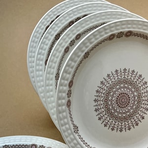 Vintage Pontesa Salad Plate Set: Pink Brown Medallion Dinnerware, Spain