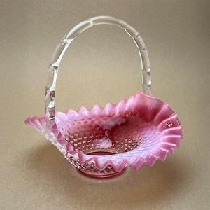 Vintage Fenton Cranberry Opalescent Hobnail Basket: Pink Ruffled Rim, Clear Handle
