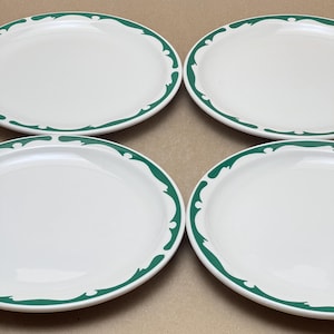 Set of 4 Unused Buffalo China Restaurant Ware Green Stencil Green Dinner Plates, Buffalo Pottery Dinnerware Vitrified China