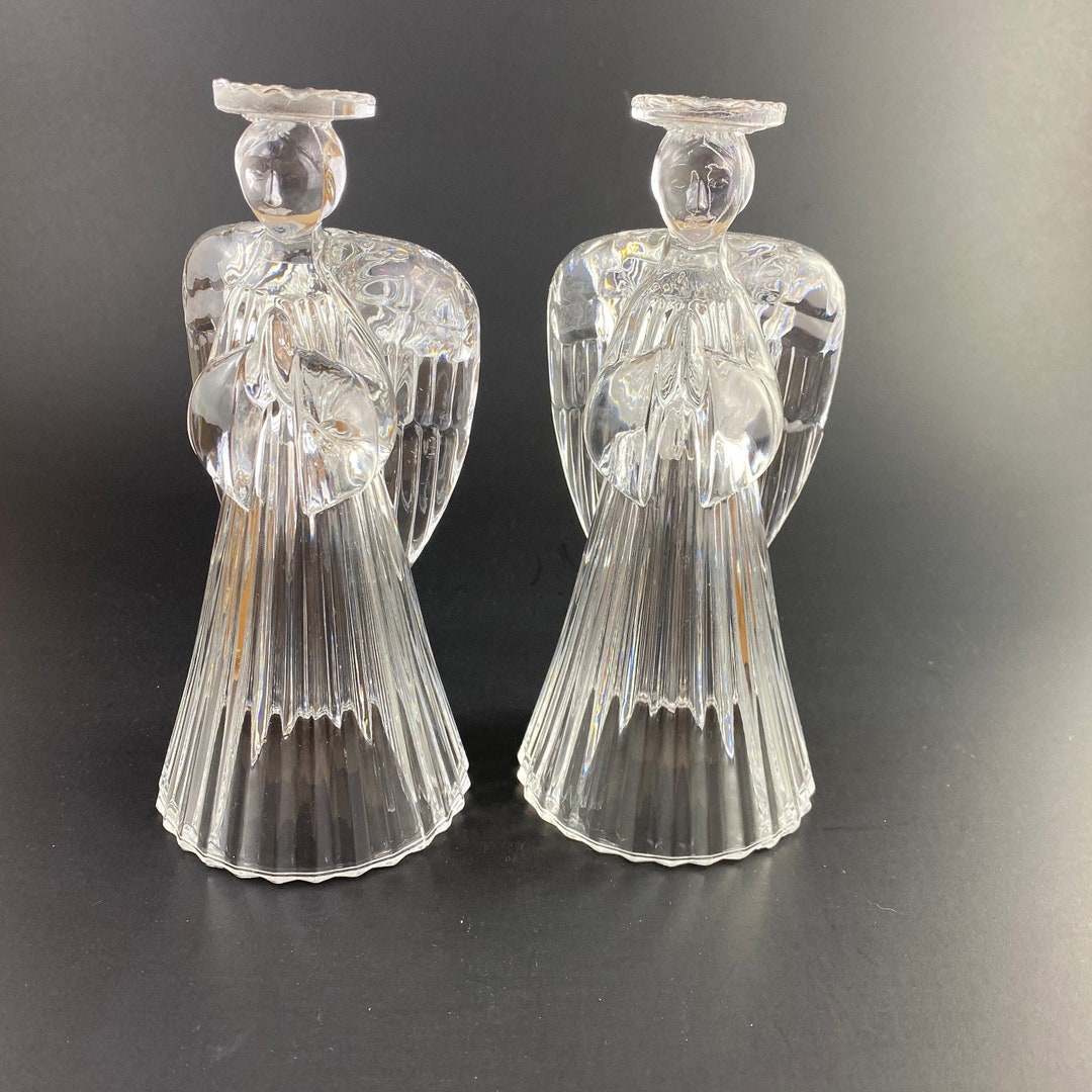 Set of 2 Avon Glass Angel Candlestick Holder, Avon Christmas, Avon