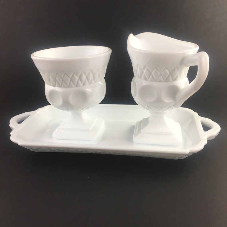 Vintage Thumbprint Milk Glass Sugar Creamer Tray Set Etsy