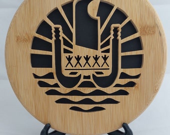 Coat of arms flag of French Polynesia (Tahiti) in round cut-out wood.